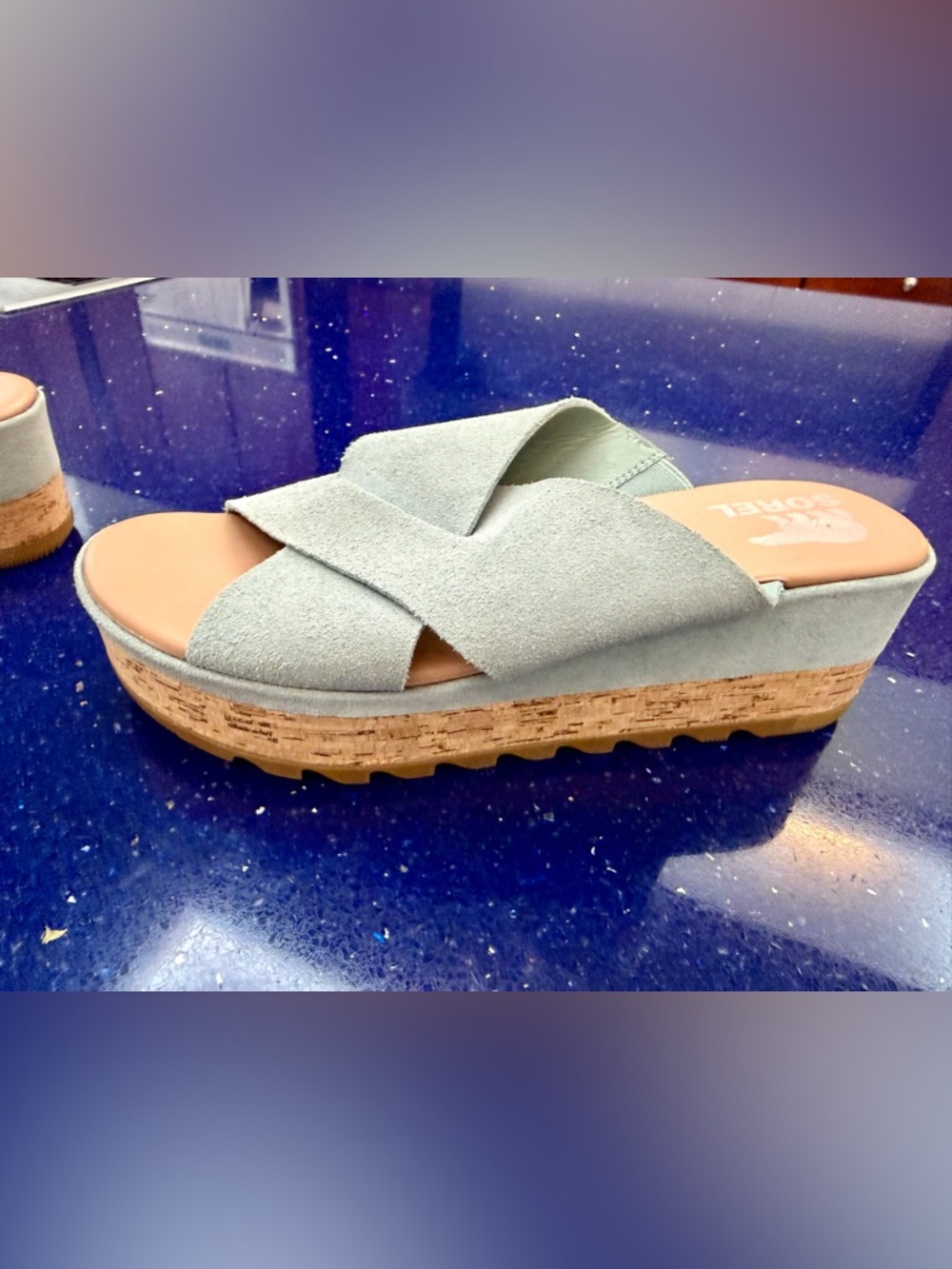 Sorel Cameron Flatform Mule - Cork Platform Sandal- crushed blue, sea salt - Picture 12 of 12